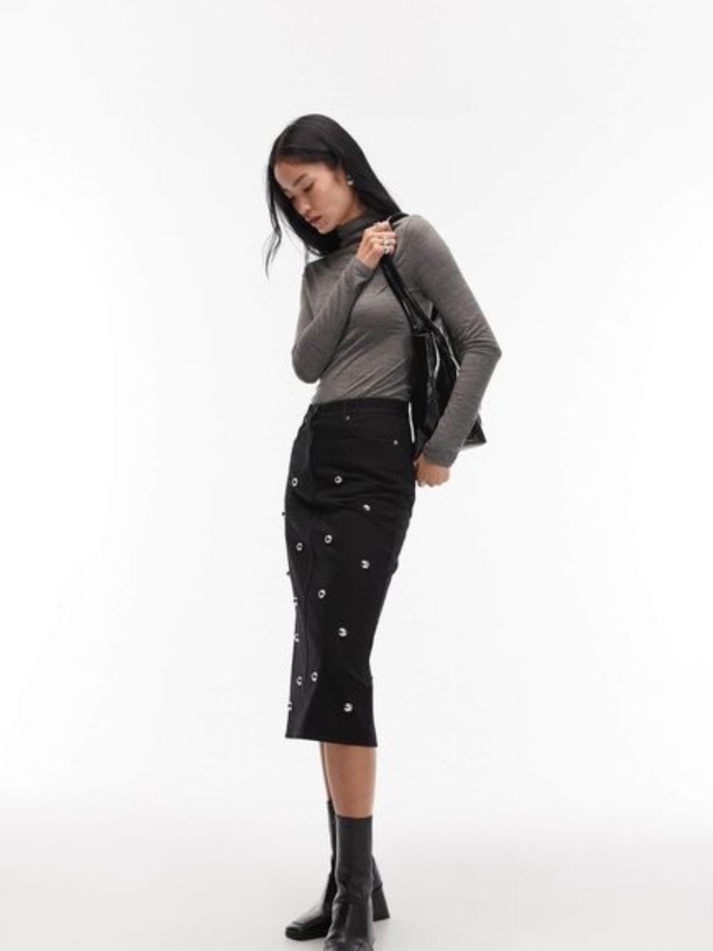 Arket Black Studded Denim Midi Skirt